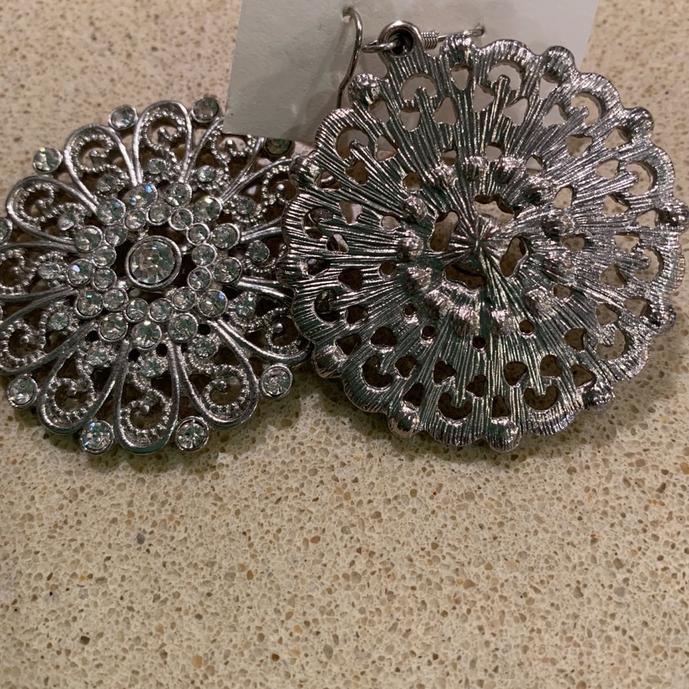 Vintage Crystal Filigree Floral Statement Dangle Earrings Silver - Picture 2 of 6
